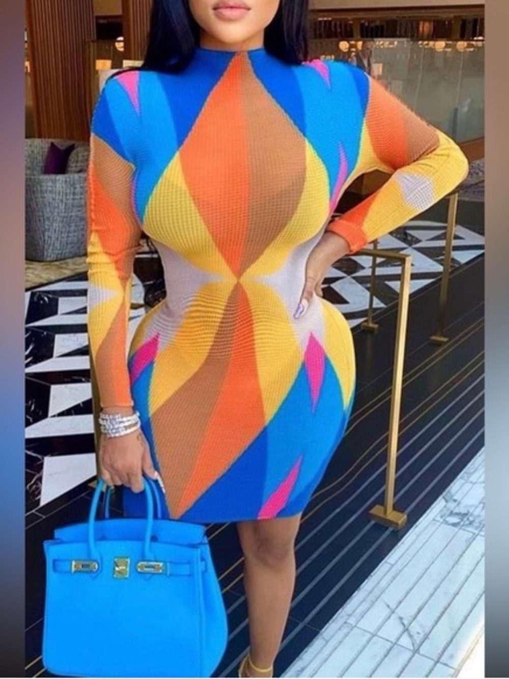 Multi-Color Geometric Bodycon Dress - Blue/Orange/Yellow Medium